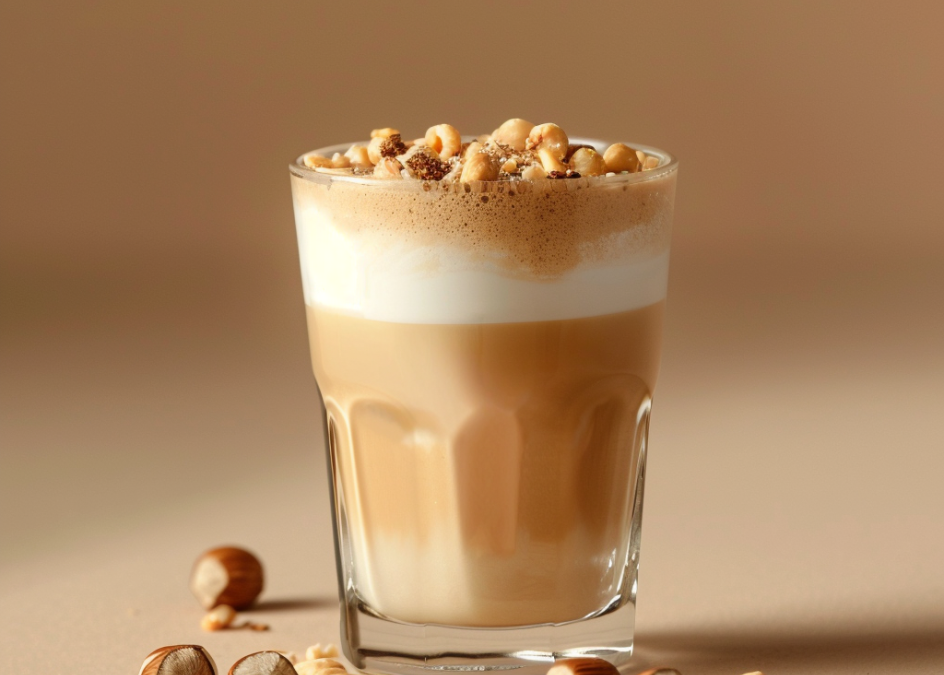 Hazelnut Latte: A subtle nutty latte, the nutella brings out the chocolate notes of the coffee whilst the chopped hazelnuts prevents excessive richness.